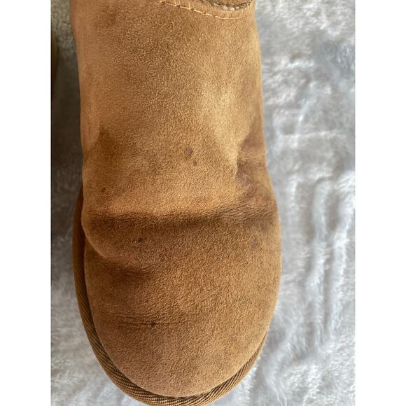 Ugg Womens Boots Sz 8 Mini Bailey Bow Suede Chestnut Slip On Sheepskin Brown - Picture 6 of 10